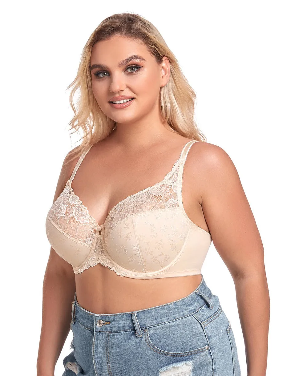 423 Women's Full Coverage Unpadded Bras Floral Lace Underwire Plus Size Everyday Bra Beige