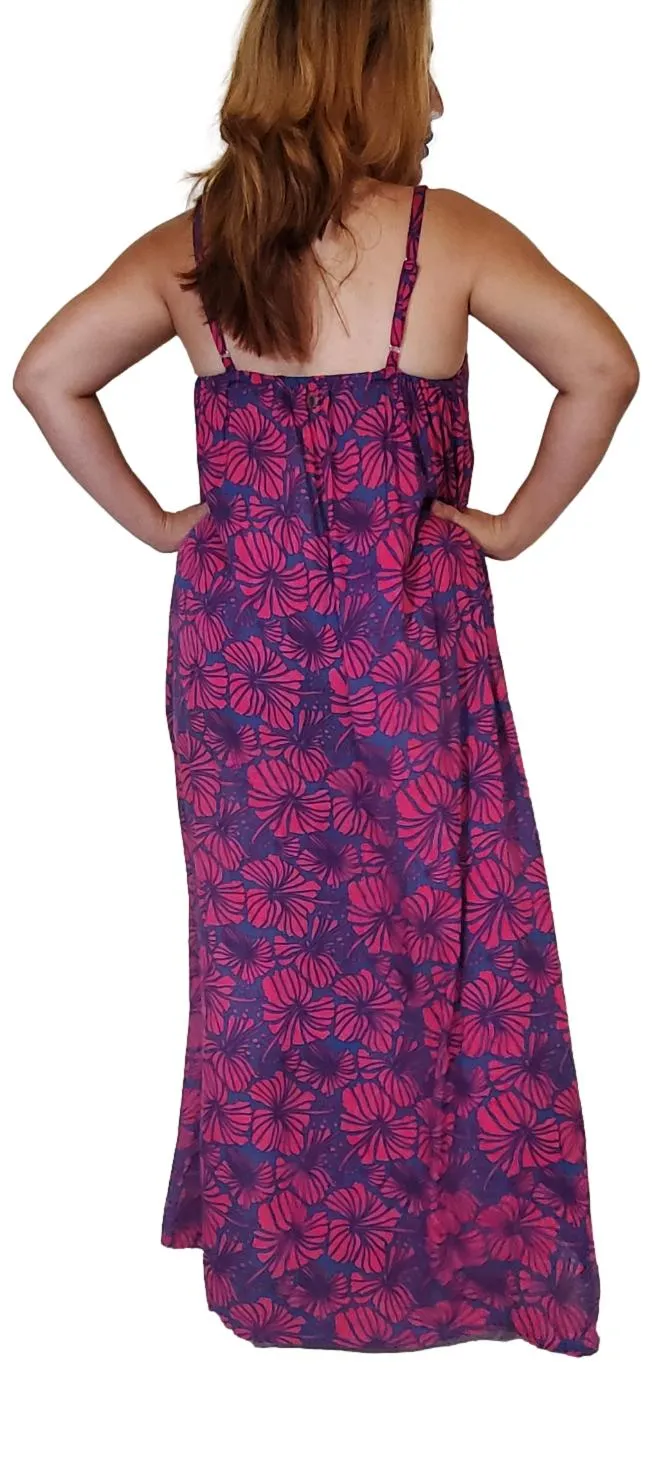 Bali Dress - Long - Hibiscus - Dark Pink - Blue