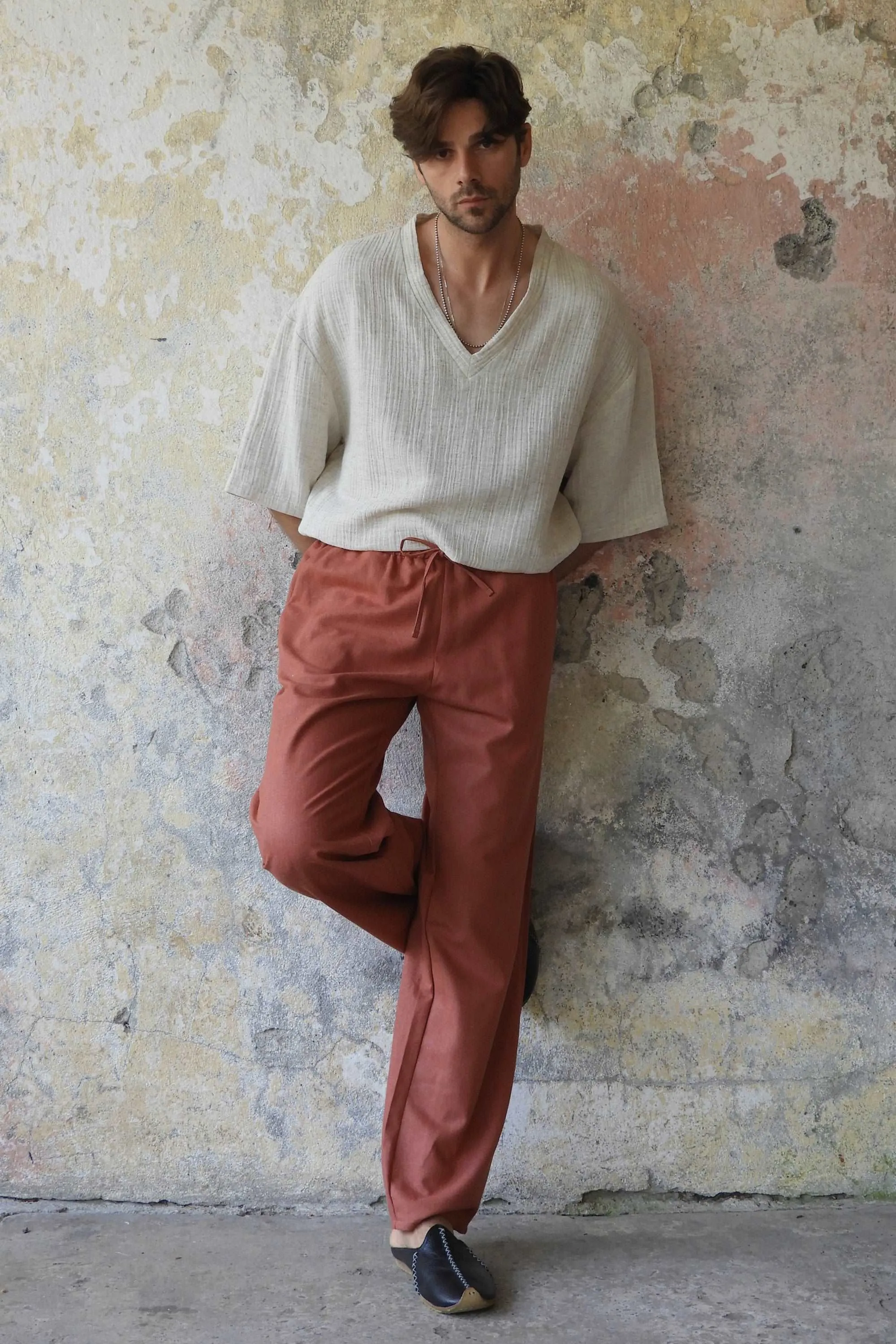 BEACH Men's Linen Blend Pants (Windsor Tan, Terra Cotta)