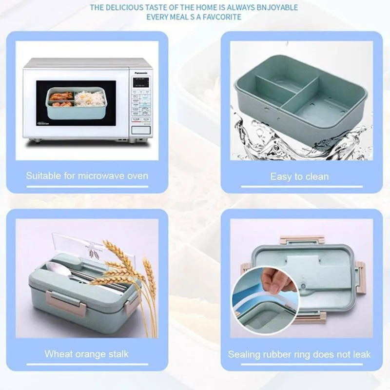 Bento Hermetically Sealed Plastic Lunch Box with Stainless Steel, Chopsticks and Spoon - Blue, Green, Pink