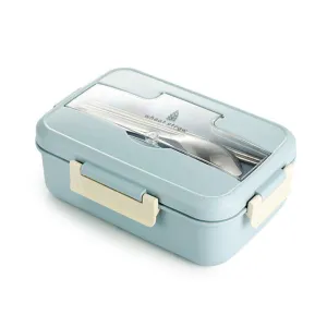 Bento Hermetically Sealed Plastic Lunch Box with Stainless Steel, Chopsticks and Spoon - Blue, Green, Pink
