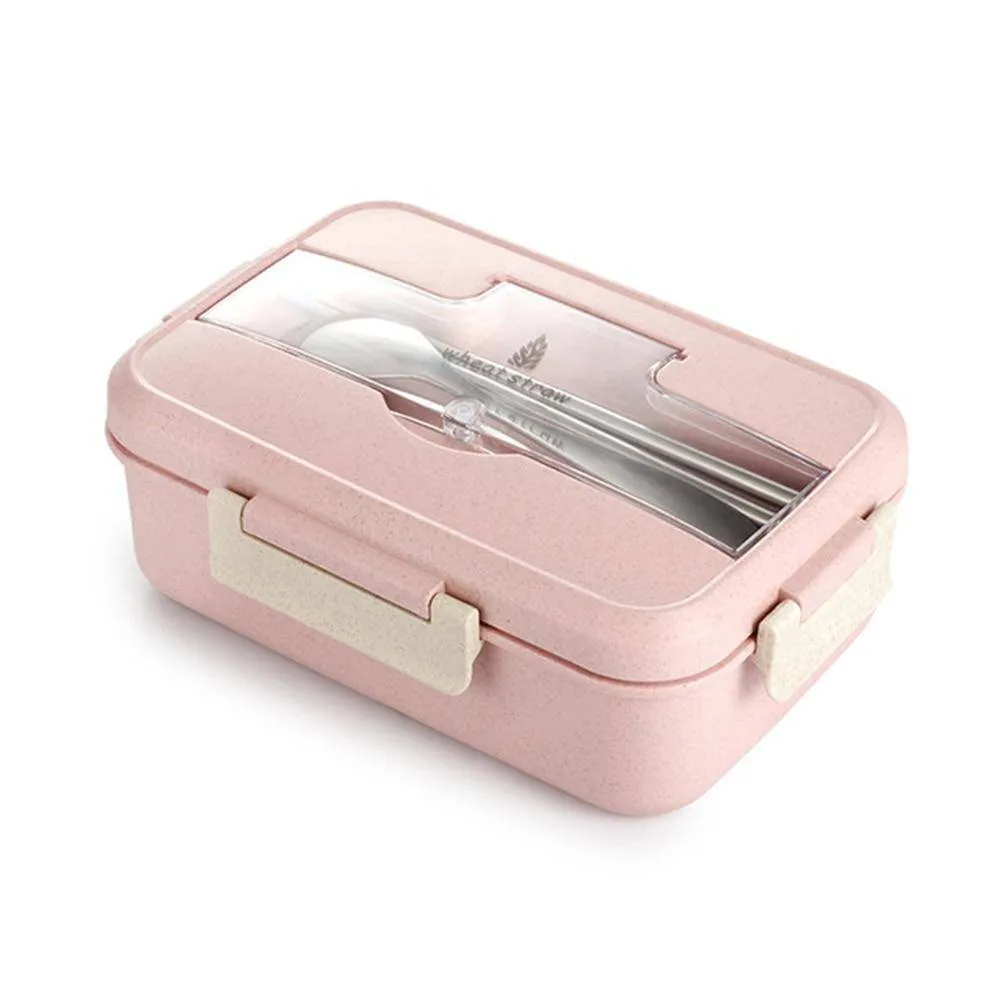 Bento Hermetically Sealed Plastic Lunch Box with Stainless Steel, Chopsticks and Spoon - Blue, Green, Pink