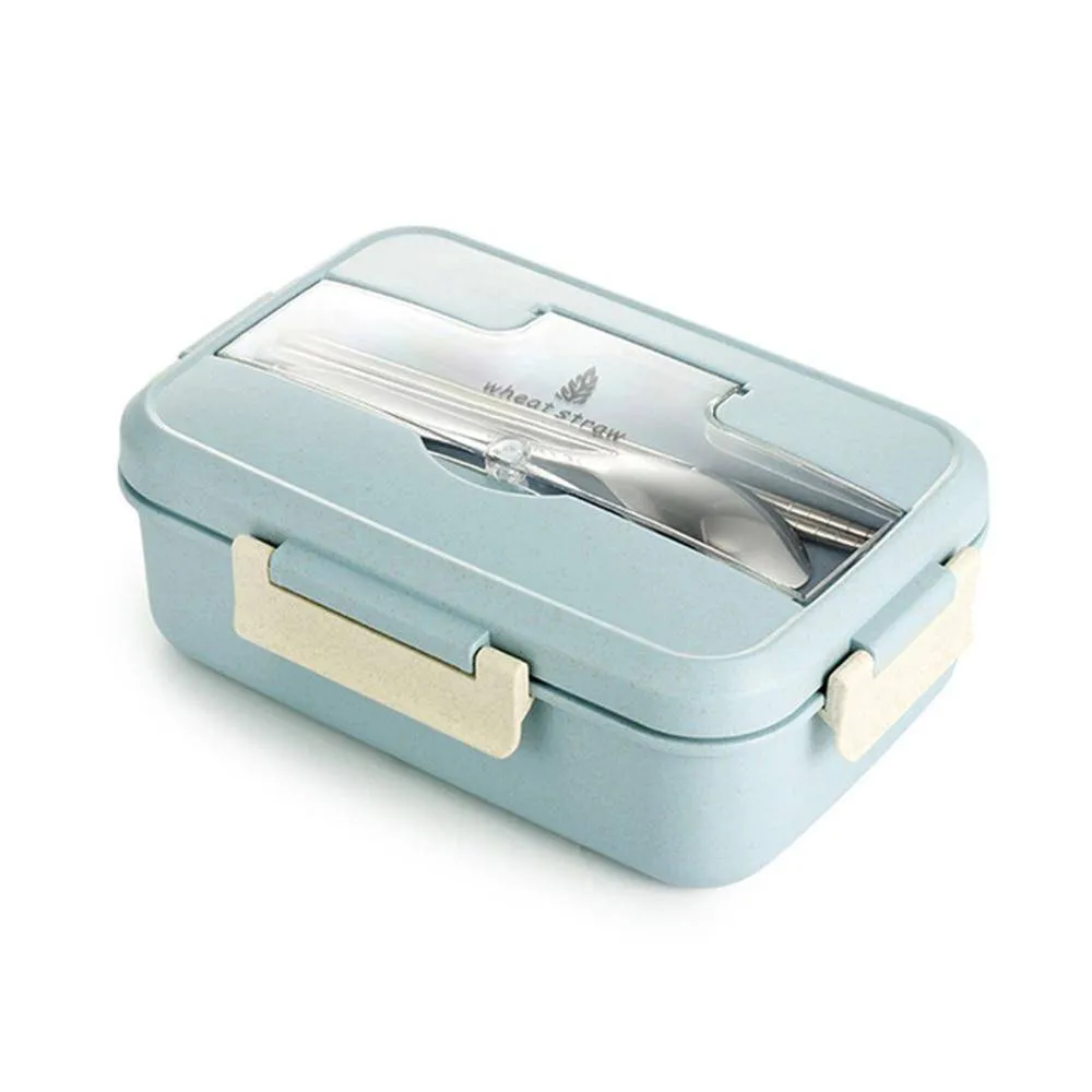 Bento Hermetically Sealed Plastic Lunch Box with Stainless Steel, Chopsticks and Spoon - Blue, Green, Pink