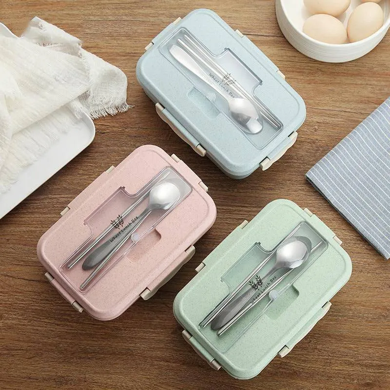 Bento Hermetically Sealed Plastic Lunch Box with Stainless Steel, Chopsticks and Spoon - Blue, Green, Pink