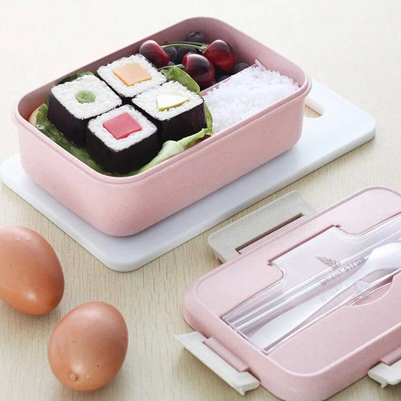 Bento Hermetically Sealed Plastic Lunch Box with Stainless Steel, Chopsticks and Spoon - Blue, Green, Pink