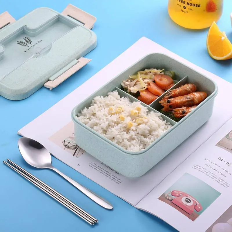 Bento Hermetically Sealed Plastic Lunch Box with Stainless Steel, Chopsticks and Spoon - Blue, Green, Pink