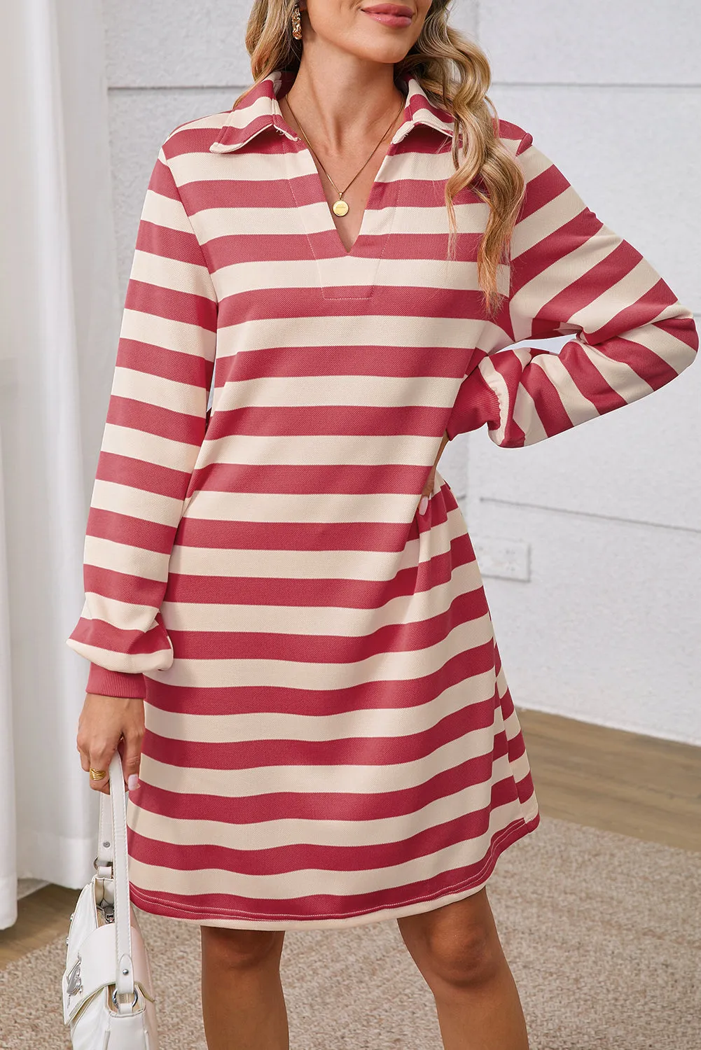 Black Stripe Pocket Collared V Neck Loose Fit Short Dress