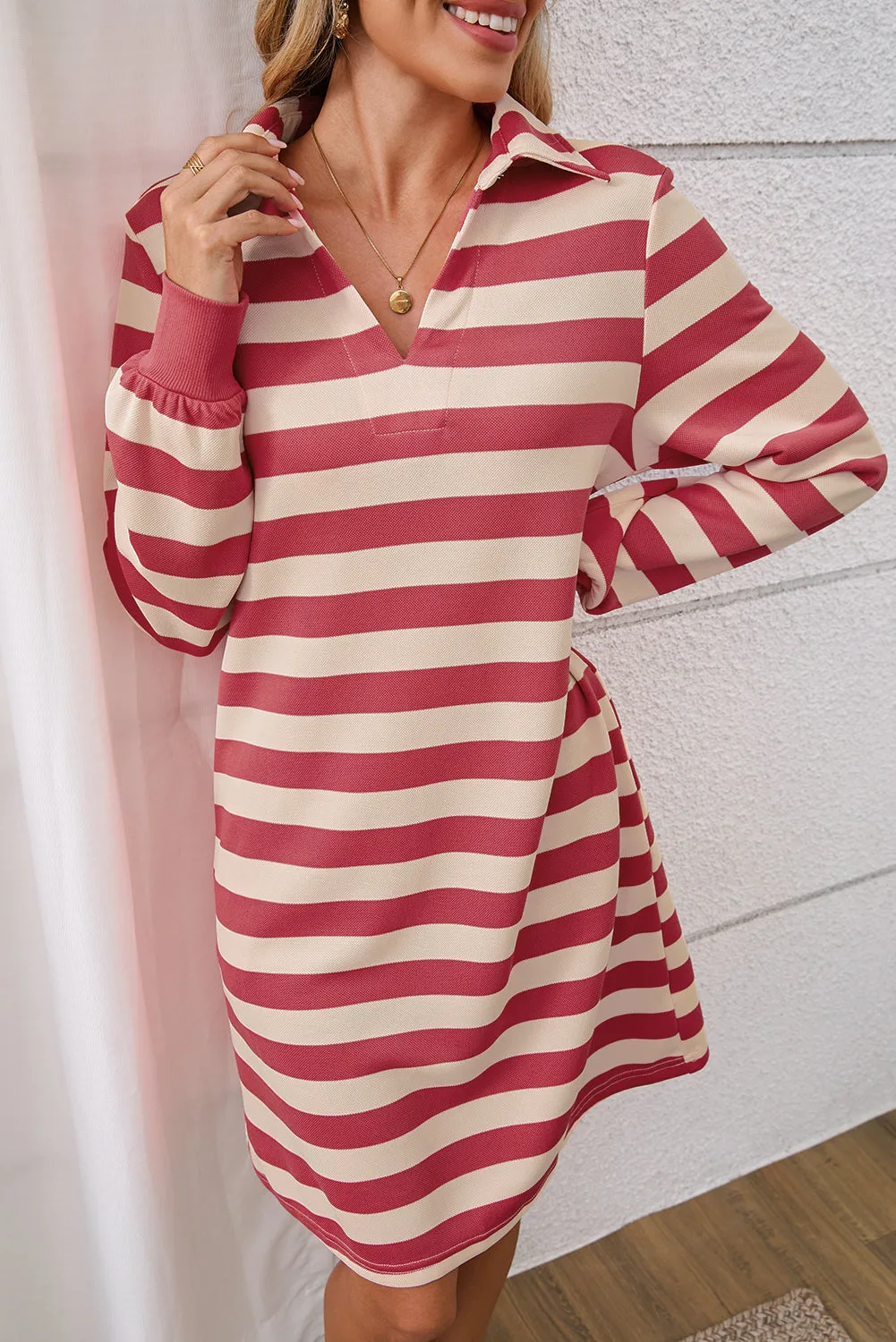 Black Stripe Pocket Collared V Neck Loose Fit Short Dress