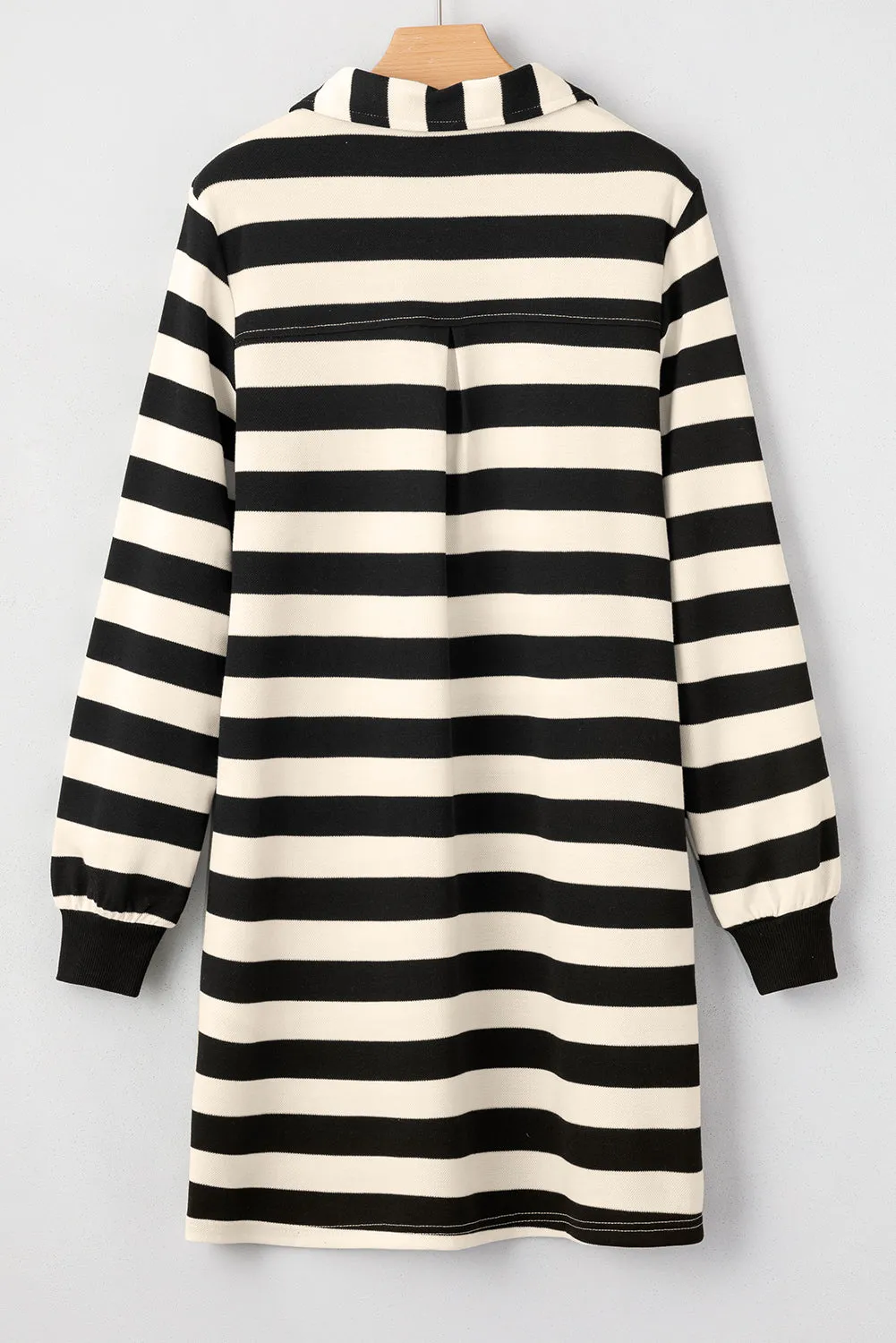 Black Stripe Pocket Collared V Neck Loose Fit Short Dress