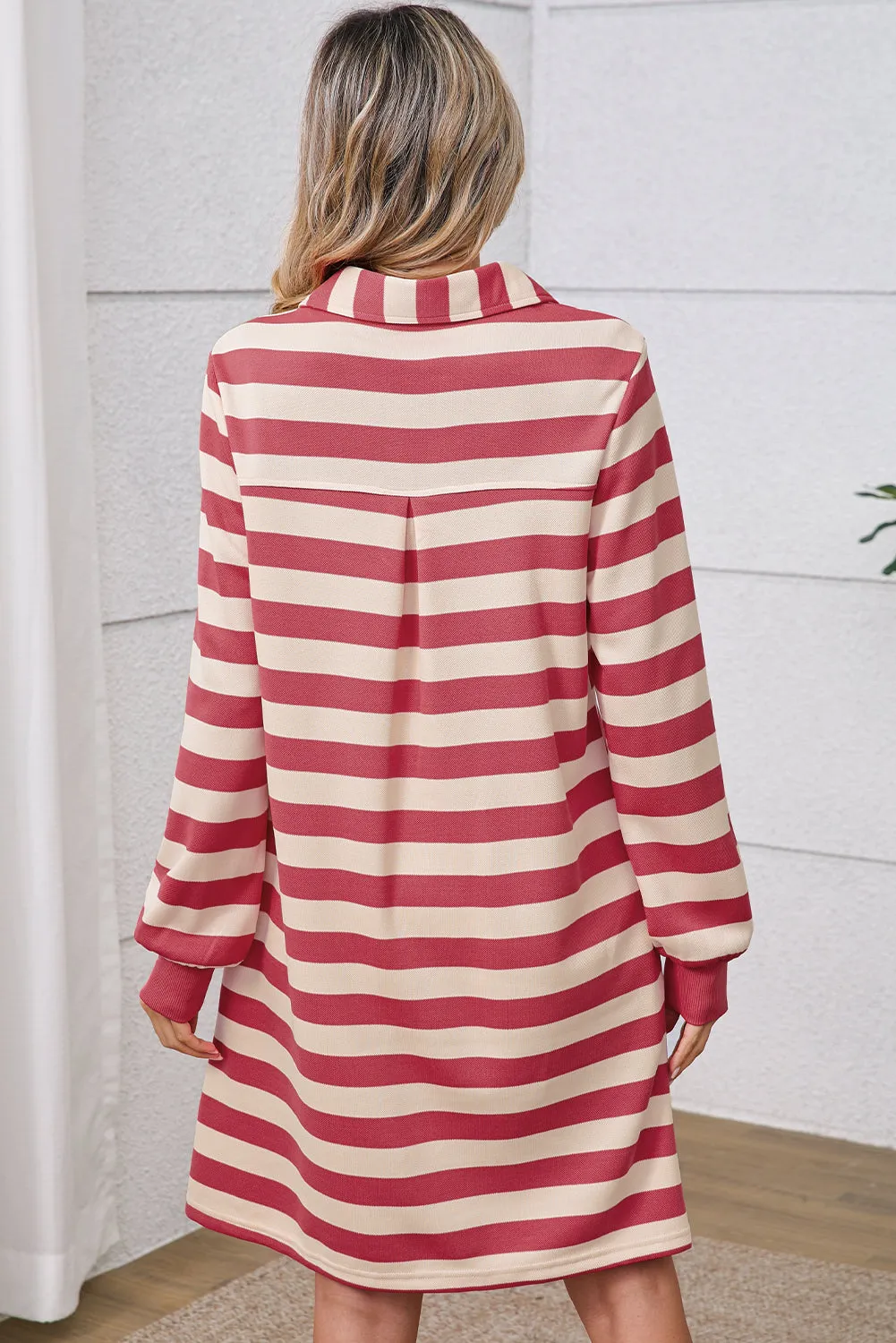 Black Stripe Pocket Collared V Neck Loose Fit Short Dress