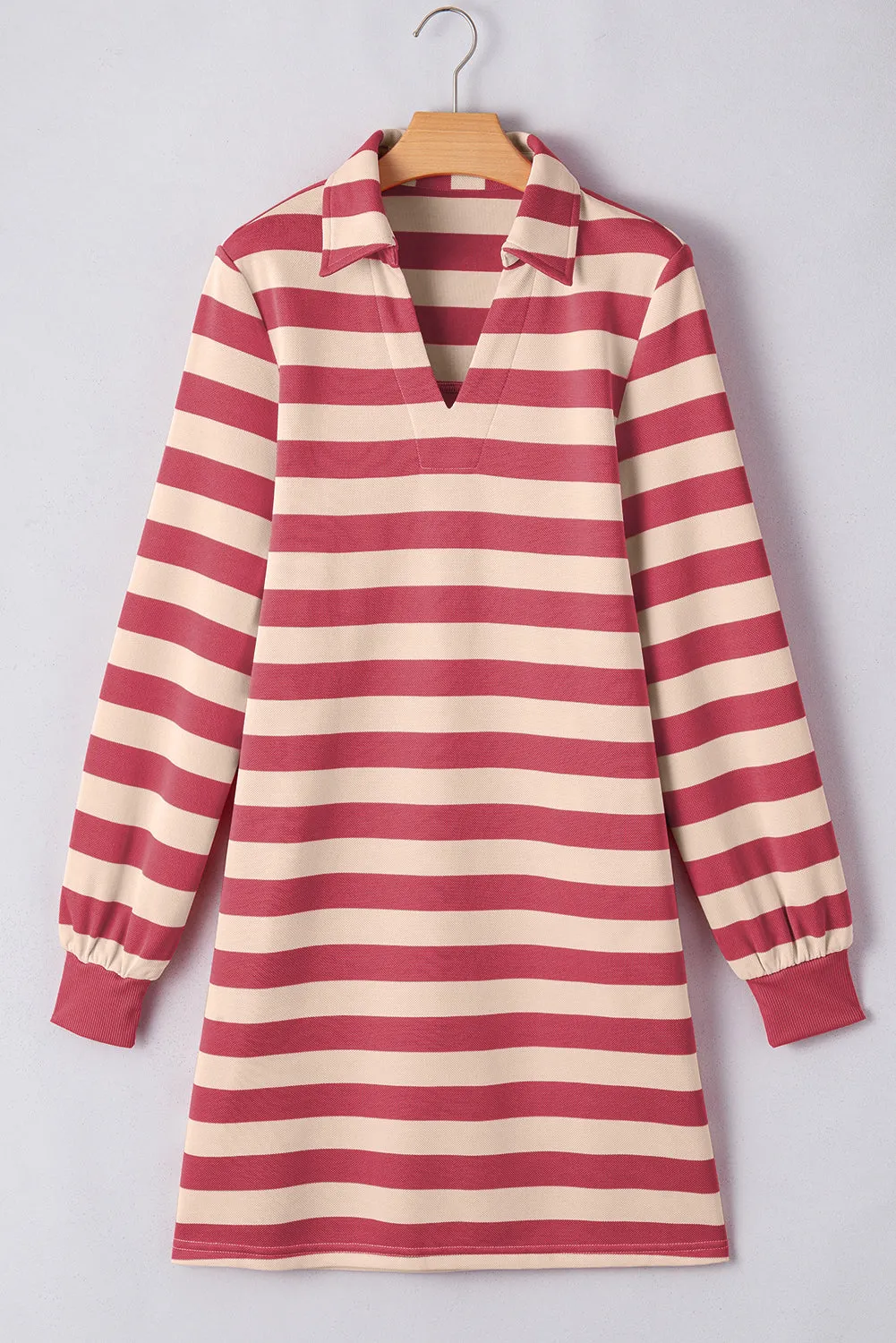 Black Stripe Pocket Collared V Neck Loose Fit Short Dress