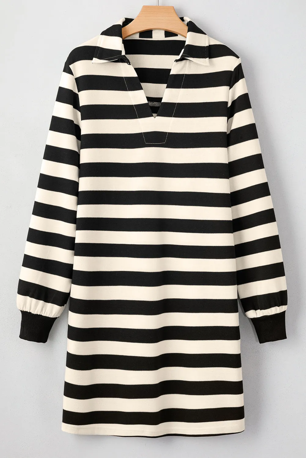 Black Stripe Pocket Collared V Neck Loose Fit Short Dress
