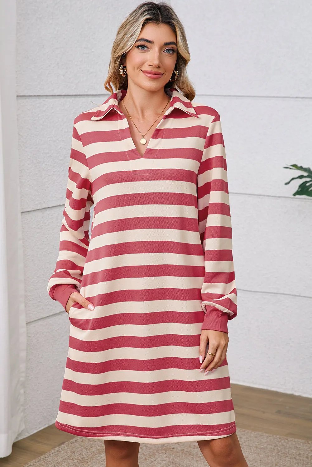 Black Stripe Pocket Collared V Neck Loose Fit Short Dress