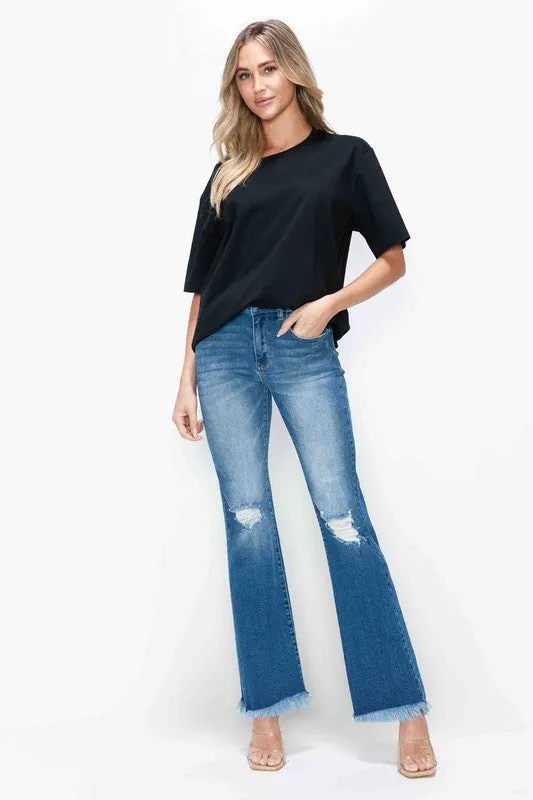 Blue Raw Hem Distressed High Rise Bootcut Jeans