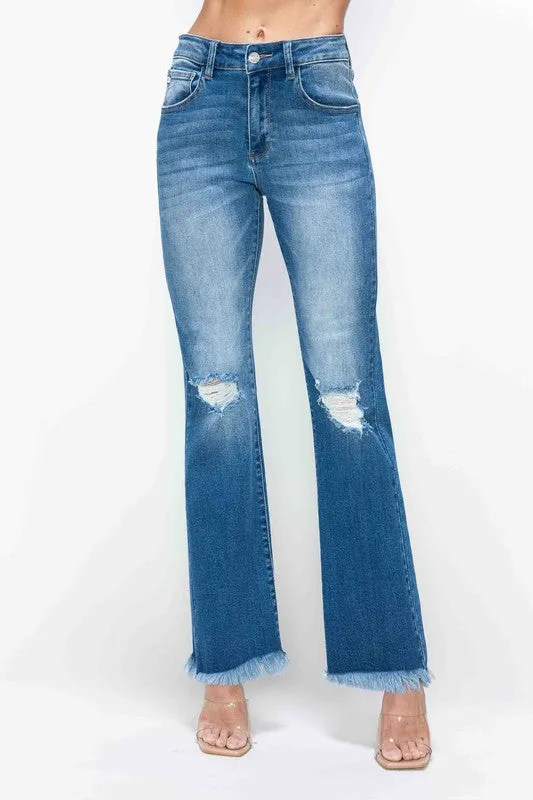 Blue Raw Hem Distressed High Rise Bootcut Jeans