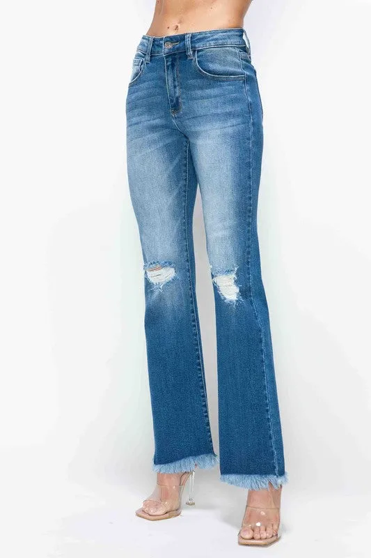 Blue Raw Hem Distressed High Rise Bootcut Jeans