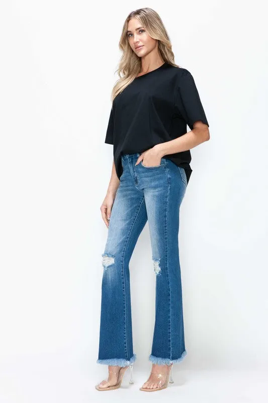 Blue Raw Hem Distressed High Rise Bootcut Jeans
