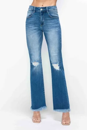 Blue Raw Hem Distressed High Rise Bootcut Jeans