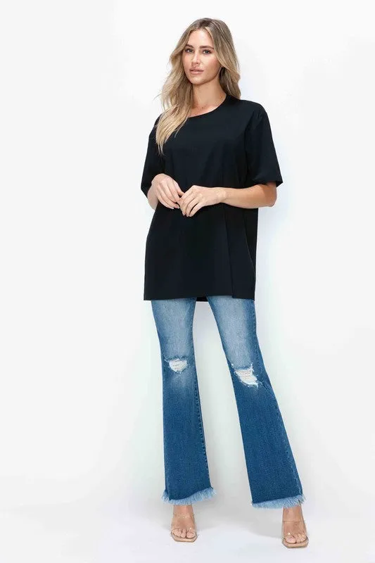 Blue Raw Hem Distressed High Rise Bootcut Jeans
