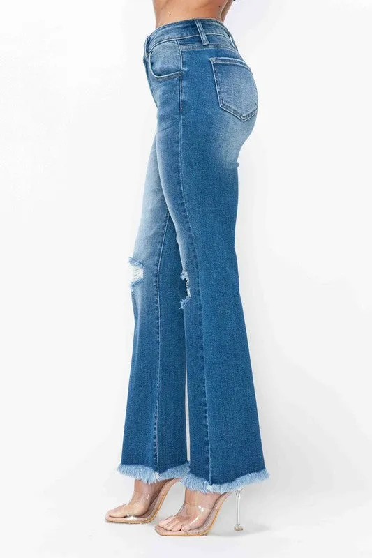 Blue Raw Hem Distressed High Rise Bootcut Jeans