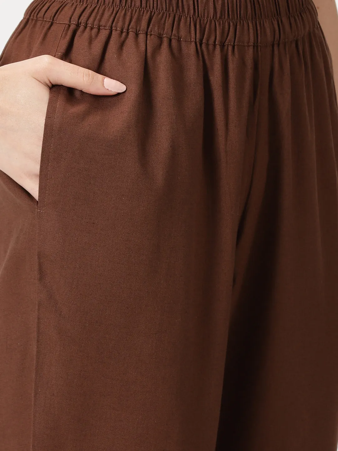 Brown Cotton Straight Fit Slip-on Trouser