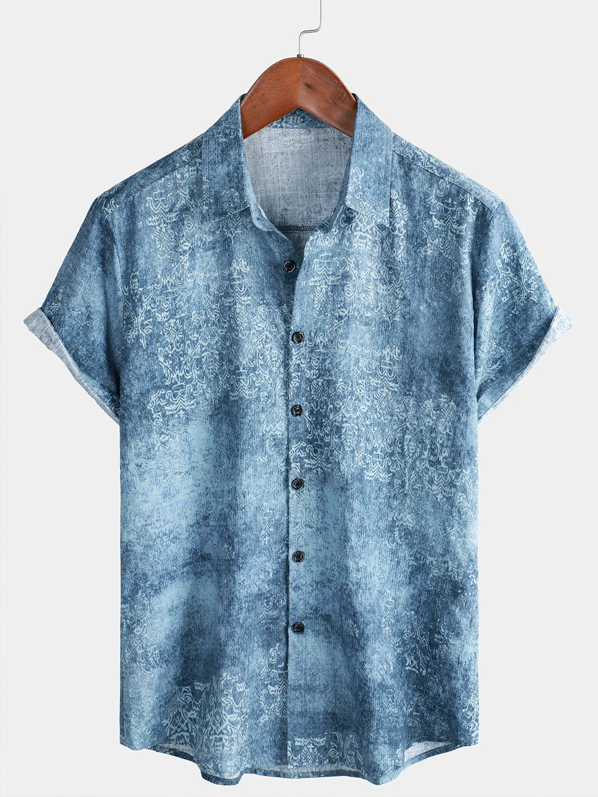 Bundle Of 2 | Men's Cotton Vintage Blue Short Sleeve Summer Button Up Shirts