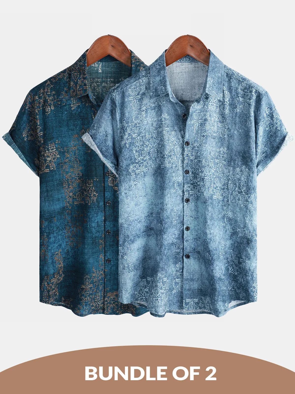 Bundle Of 2 | Men's Cotton Vintage Blue Short Sleeve Summer Button Up Shirts