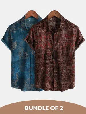 Bundle Of 2 | Men's Retro Floral Print Cotton Vintage Holiday Short Sleeve Shirts