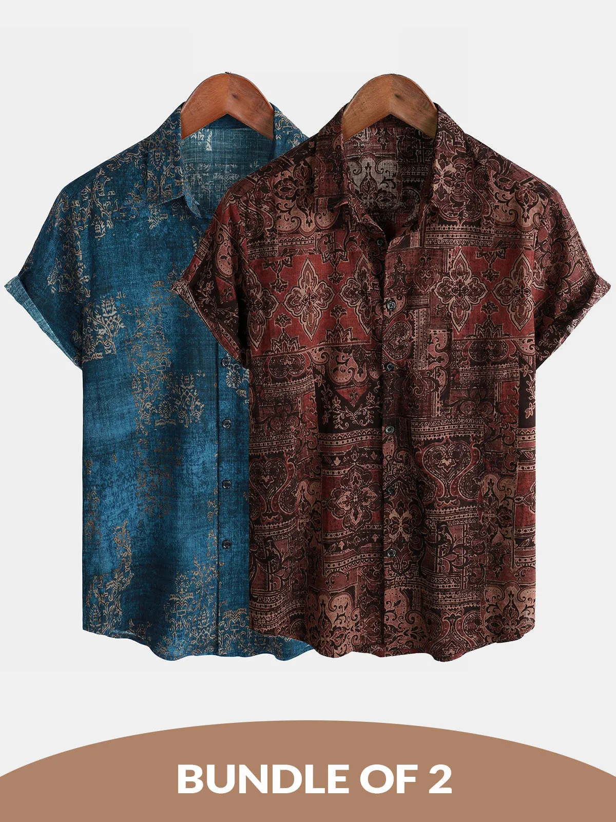 Bundle Of 2 | Men's Retro Floral Print Cotton Vintage Holiday Short Sleeve Shirts