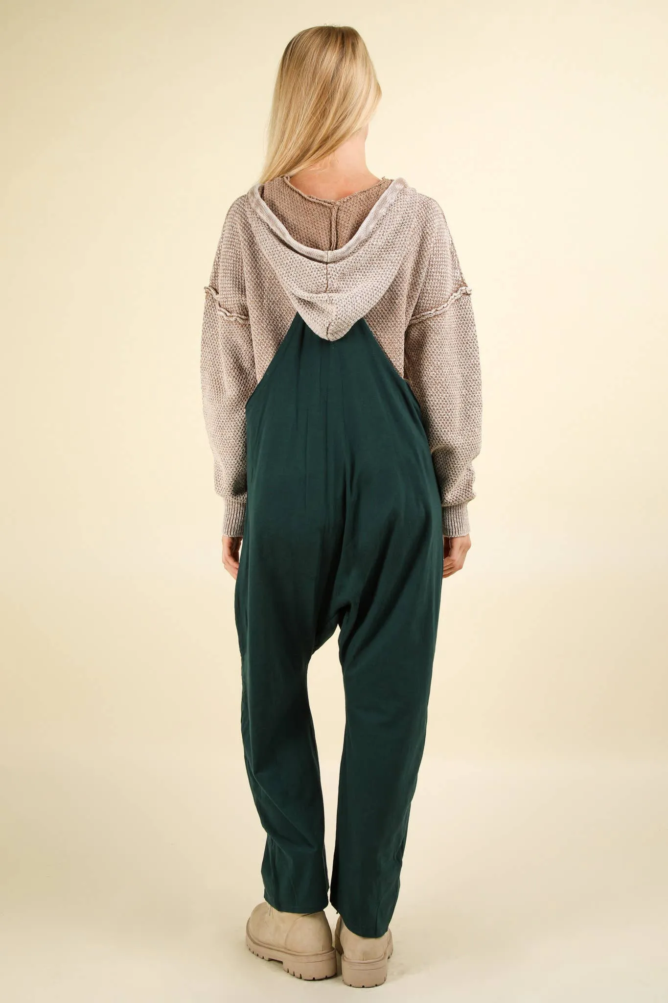 Casual Loose Fit Solid Knit Baggy Jumpsuit: Forest