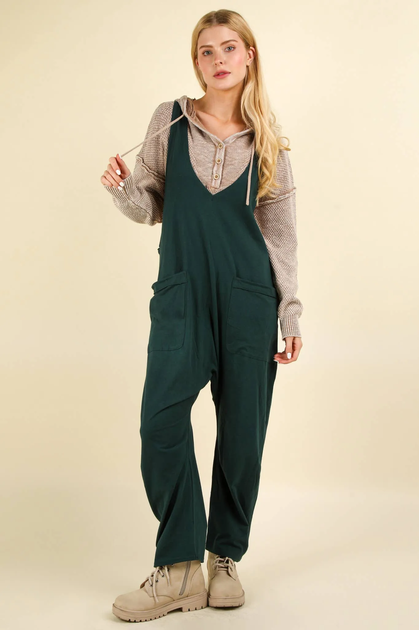 Casual Loose Fit Solid Knit Baggy Jumpsuit: Forest