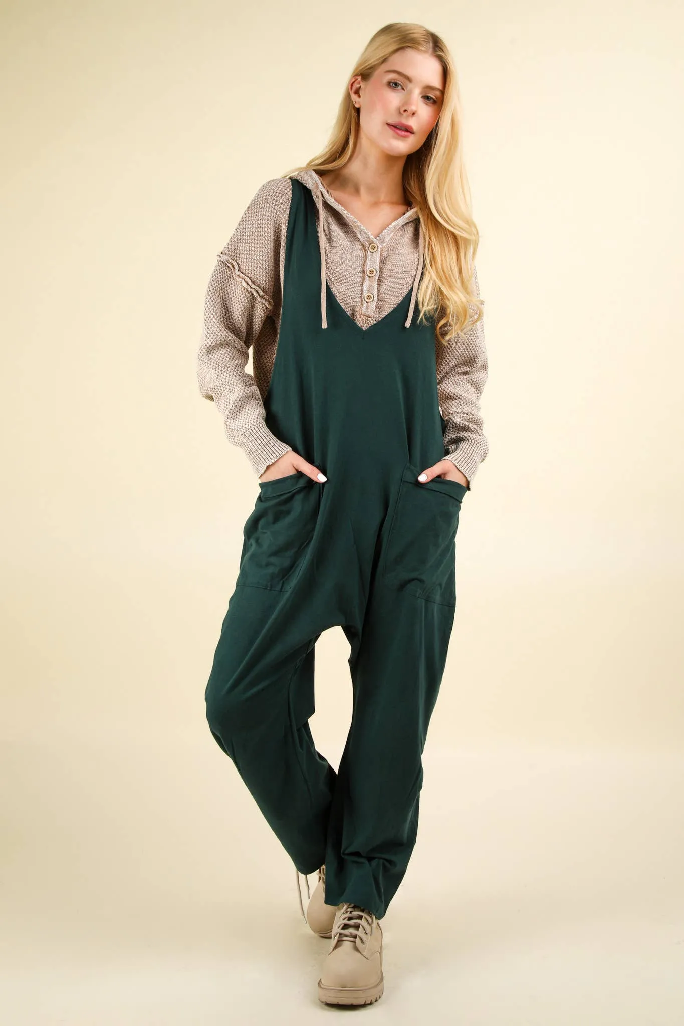 Casual Loose Fit Solid Knit Baggy Jumpsuit: Forest