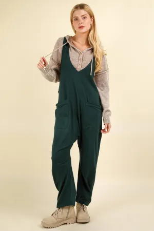 Casual Loose Fit Solid Knit Baggy Jumpsuit: Forest