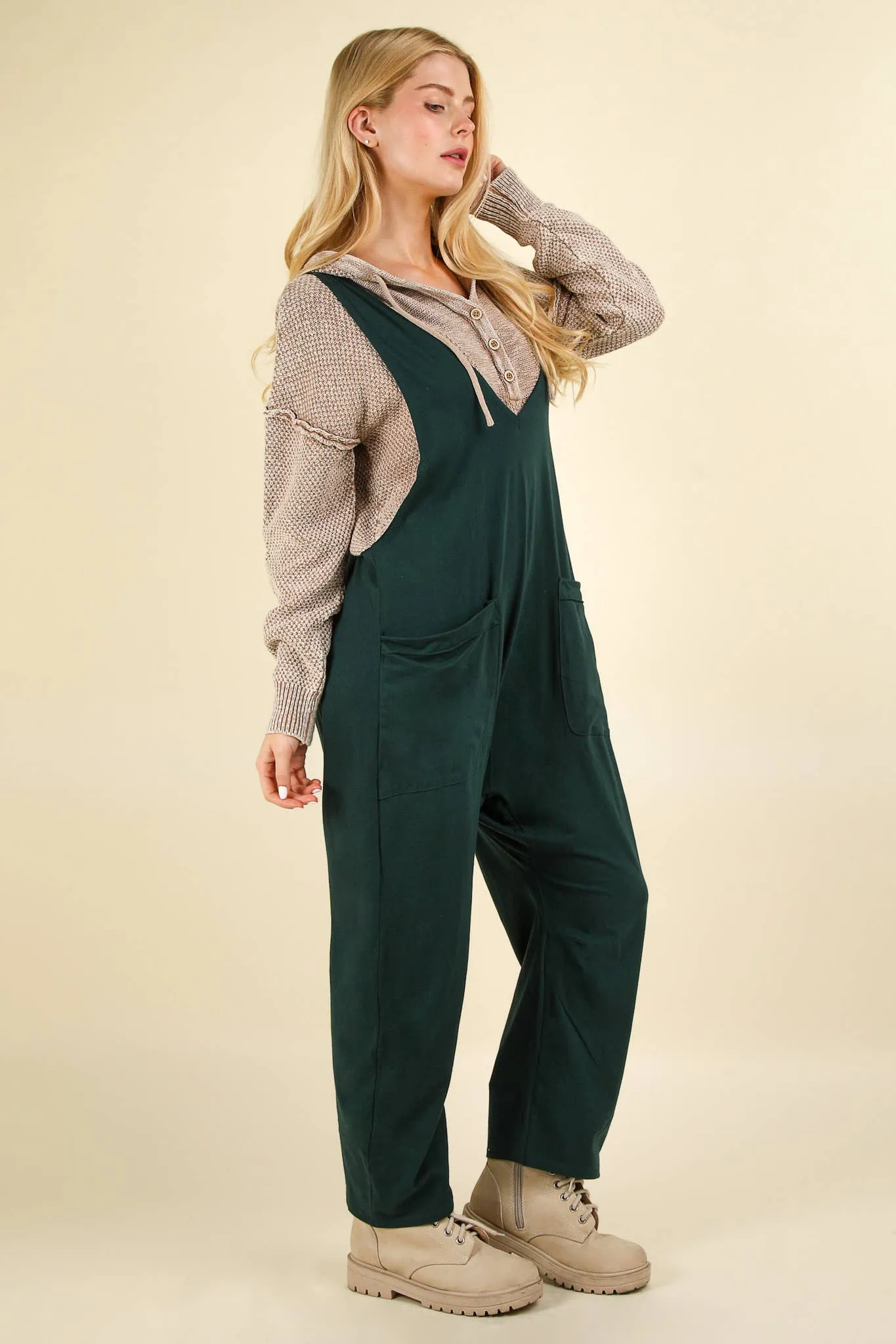 Casual Loose Fit Solid Knit Baggy Jumpsuit: Forest