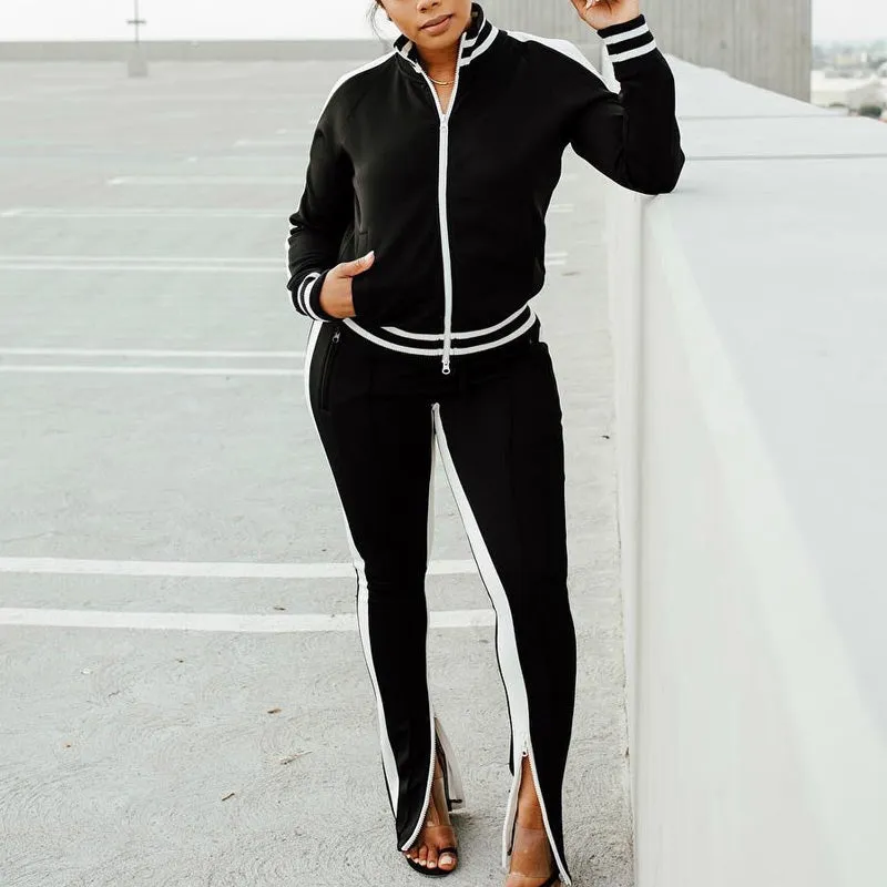 Colorblock Stripes Long Sleeve Coat & Pants Set