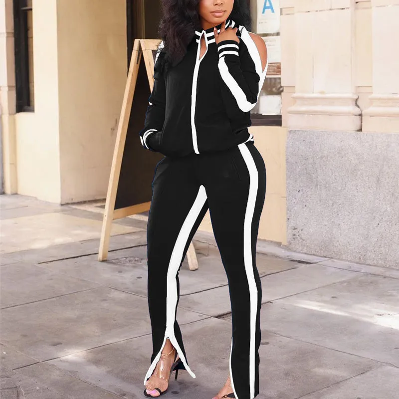 Colorblock Stripes Long Sleeve Coat & Pants Set