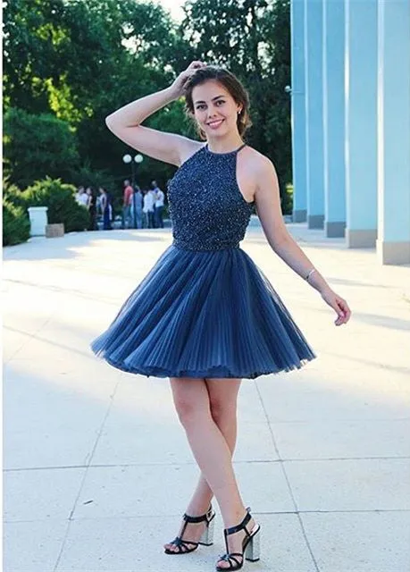 Crystal Chiffon Halter Royal Blue Homecoming Dress