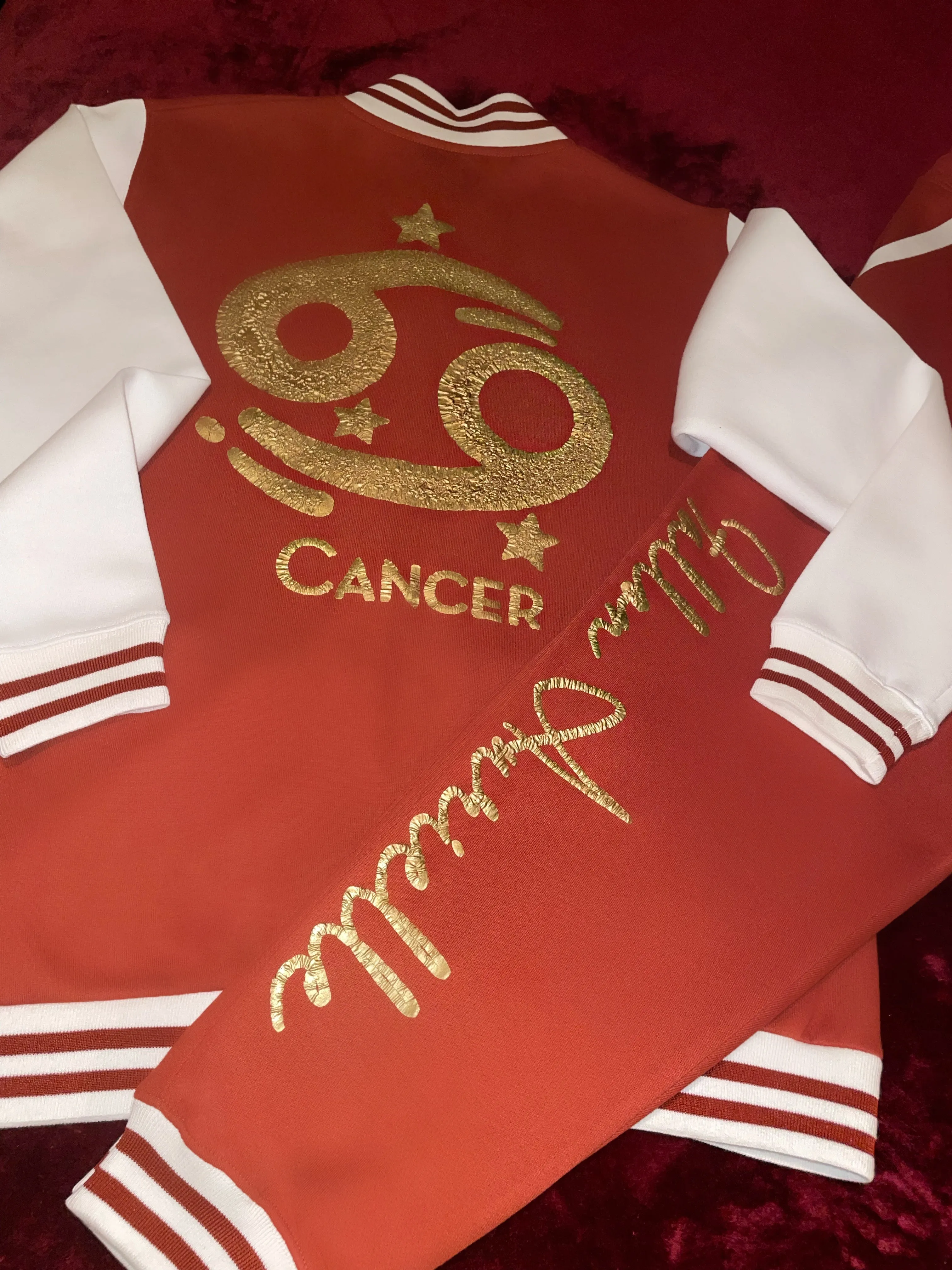 Fallon Aurielle Unisex Signature Cancer Logo & Name Zodiac Jacket (Burnt Orange, Antique Gold & Cream)
