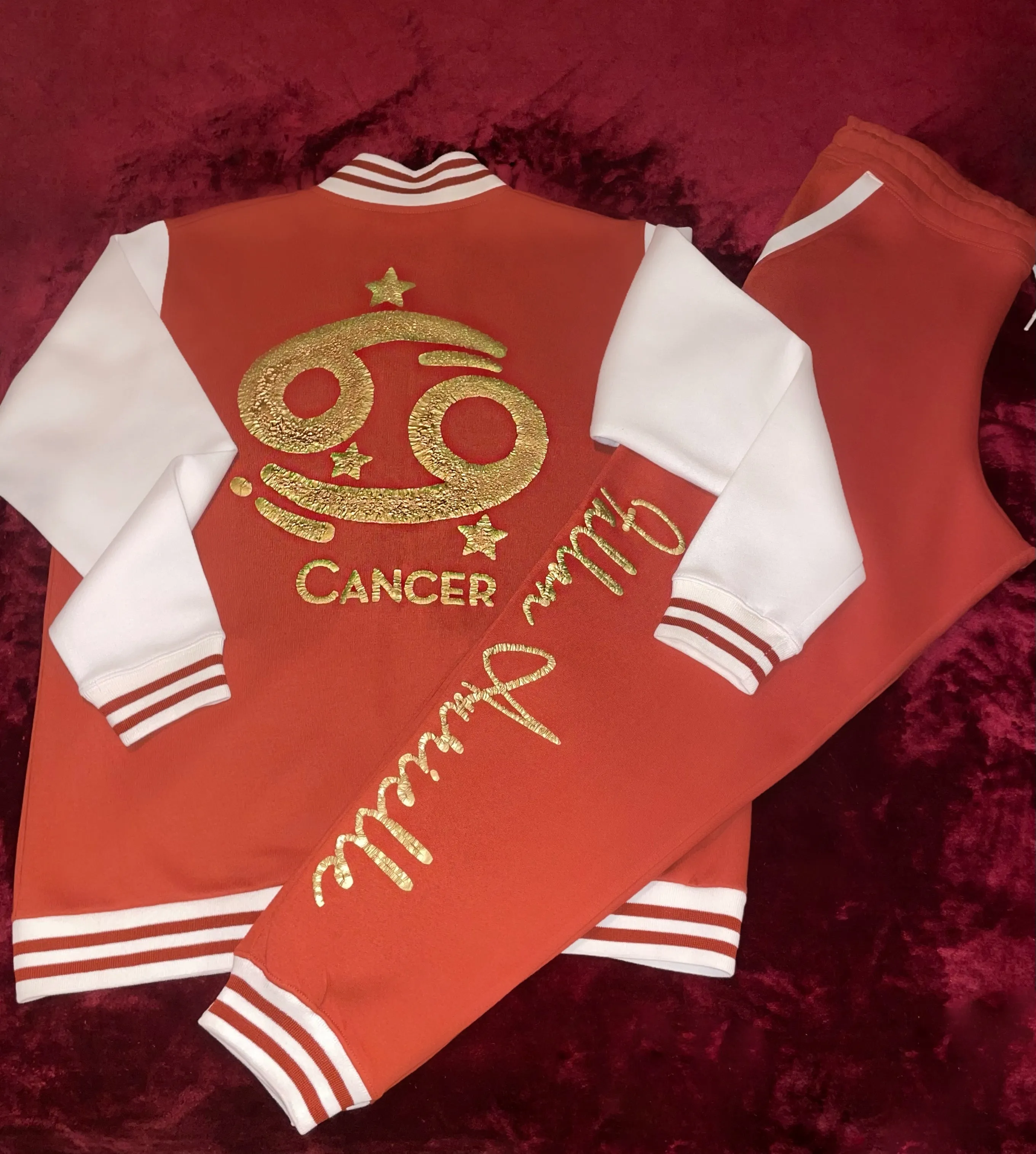 Fallon Aurielle Unisex Signature Cancer Logo & Name Zodiac Jacket (Burnt Orange, Antique Gold & Cream)