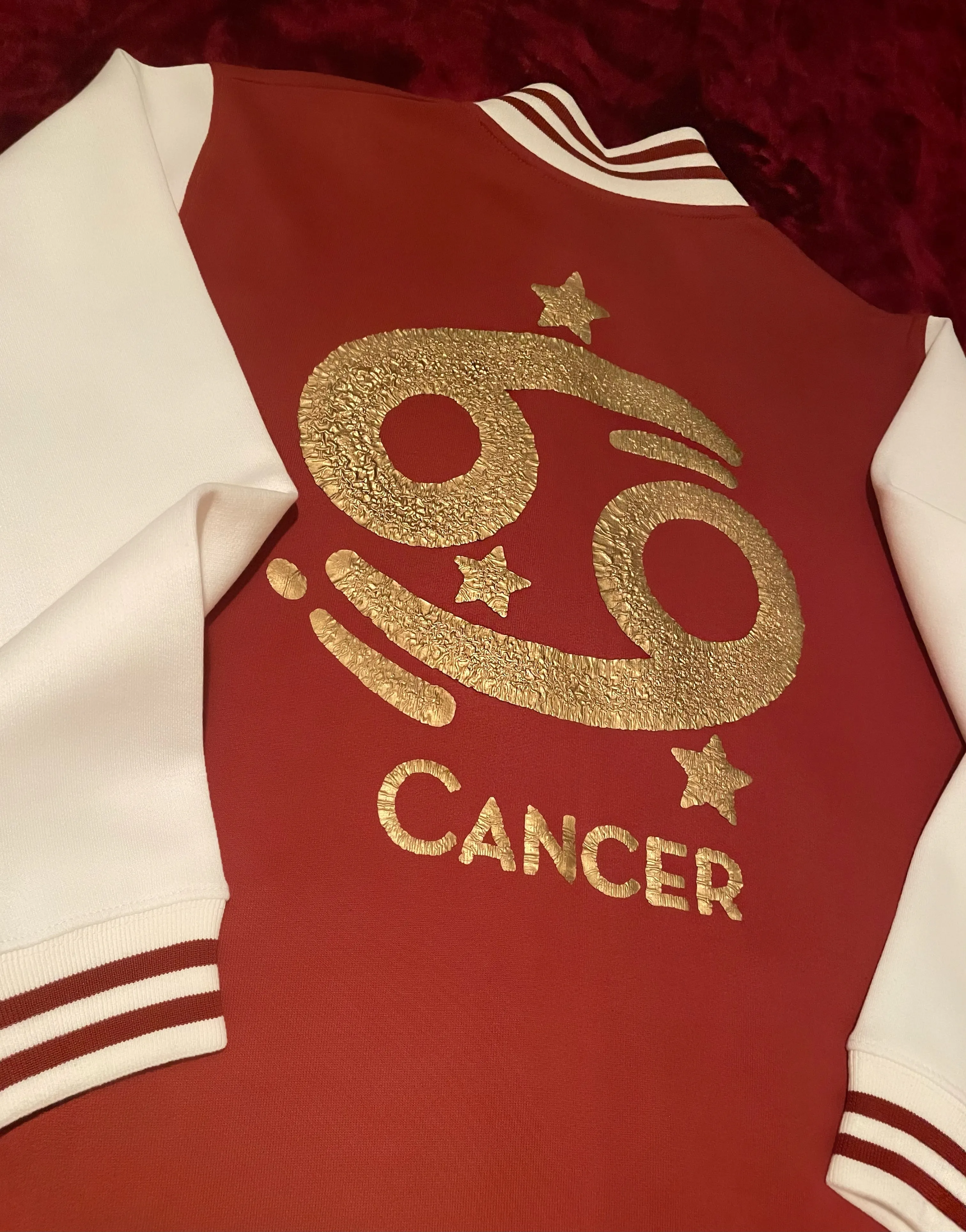 Fallon Aurielle Unisex Signature Cancer Logo & Name Zodiac Jacket (Burnt Orange, Antique Gold & Cream)