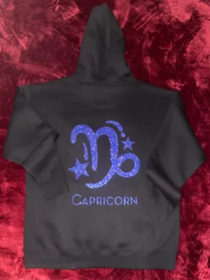 Fallon Aurielle Unisex Signature Capricorn Logo & Name Zodiac Hoodie (Black & Purple Sparkle)