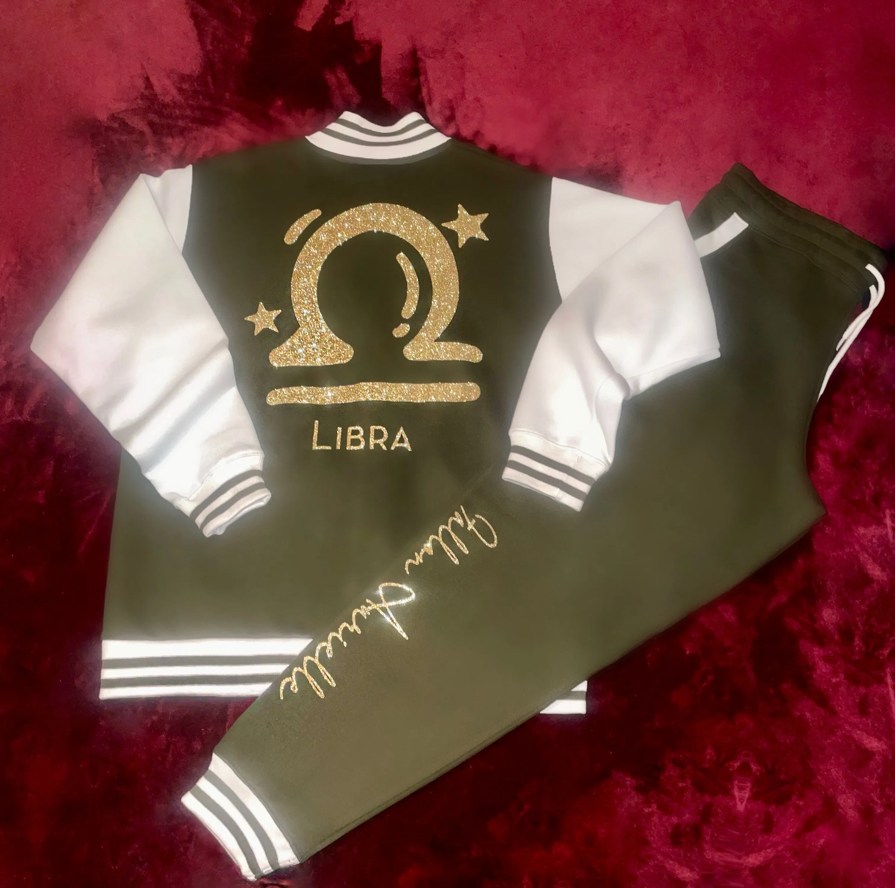 Fallon Aurielle Unisex Signature Libra Logo & Name Zodiac Jacket (Olive Green, Gold & Cream)