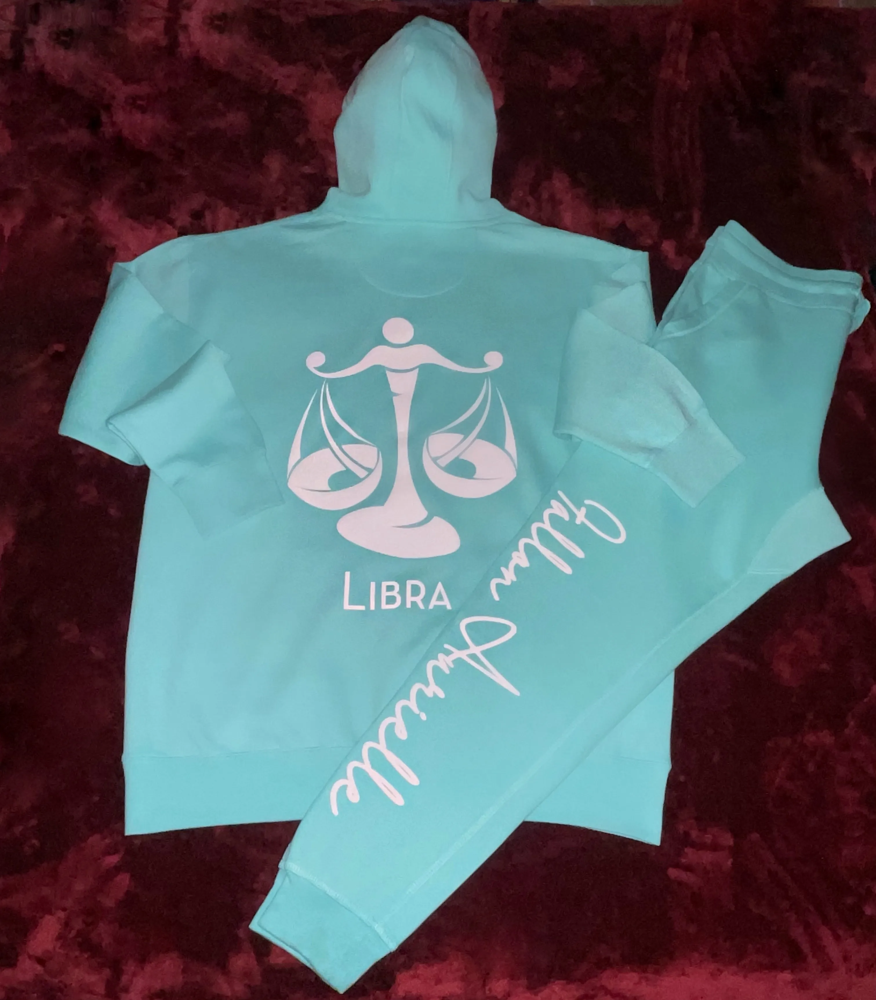 Fallon Aurielle Unisex Signature Libra Scales Logo & Name Zodiac Hoodie (Seafoam Green & White)