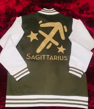 Fallon Aurielle Unisex Signature Sagittarius Logo & Name Zodiac Jacket (Olive Green, Gold & Cream)