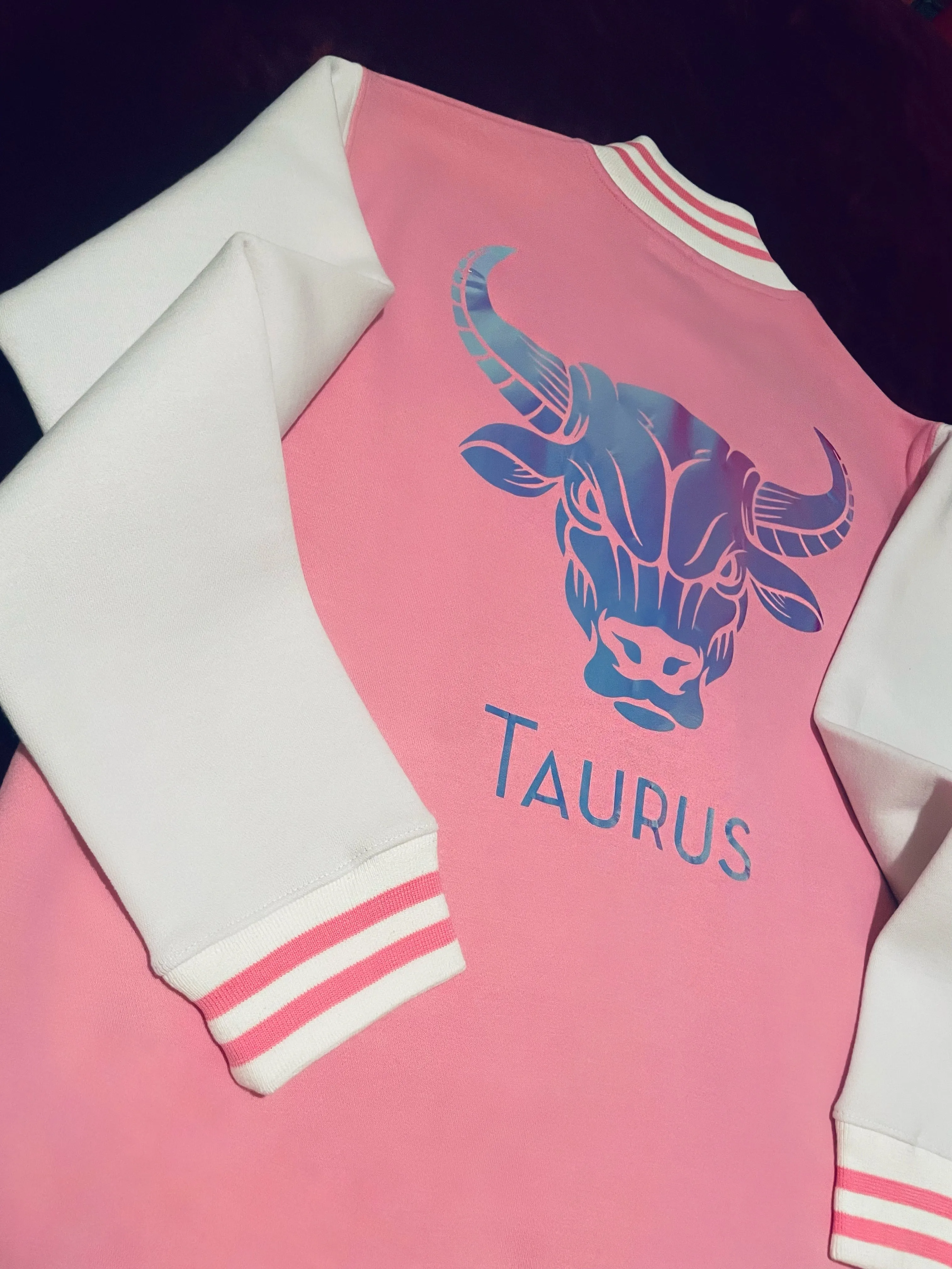 Fallon Aurielle Unisex Signature Taurus Bull Logo & Name Zodiac Jacket (Pink, Holographic & White)
