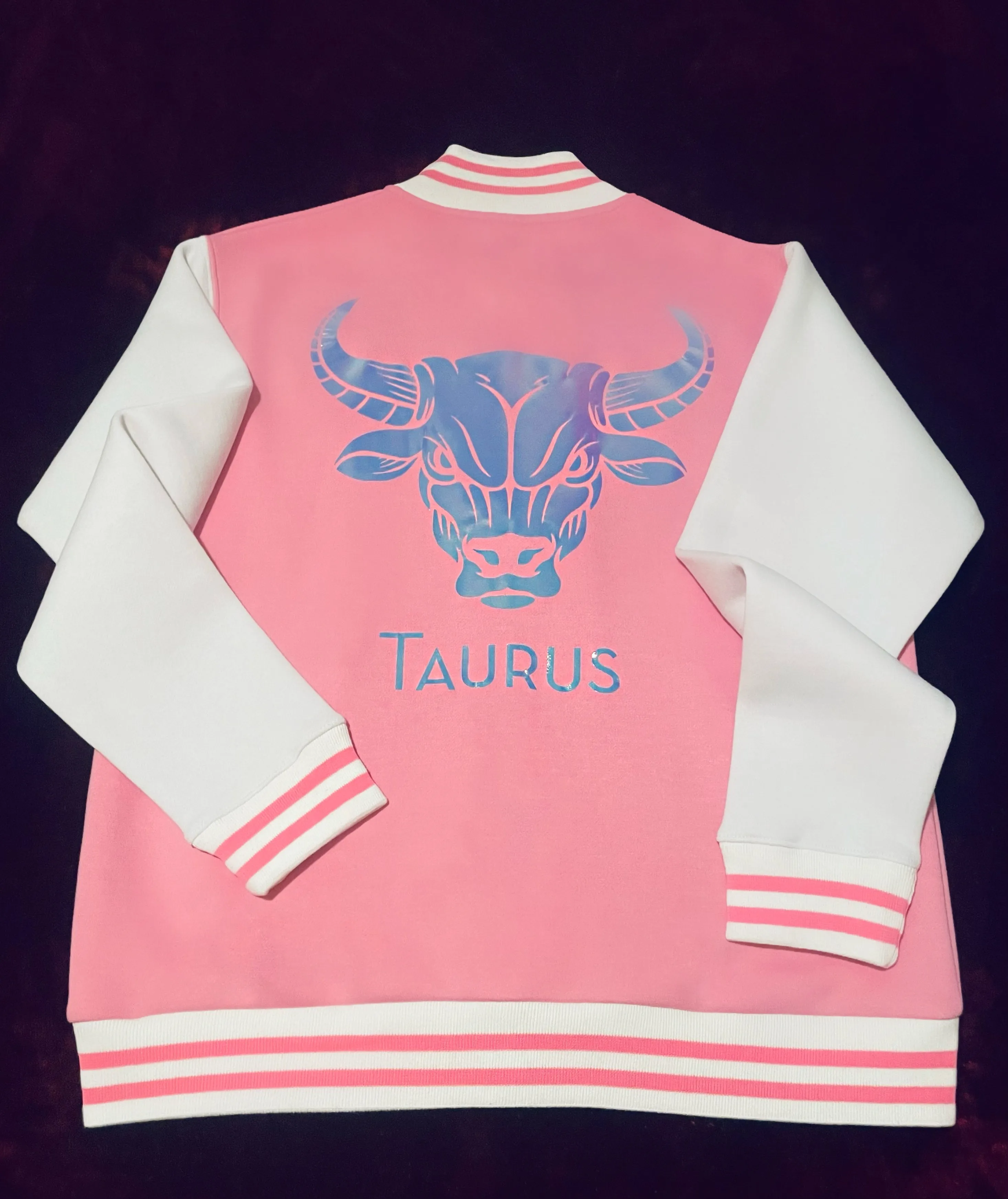 Fallon Aurielle Unisex Signature Taurus Bull Logo & Name Zodiac Jacket (Pink, Holographic & White)