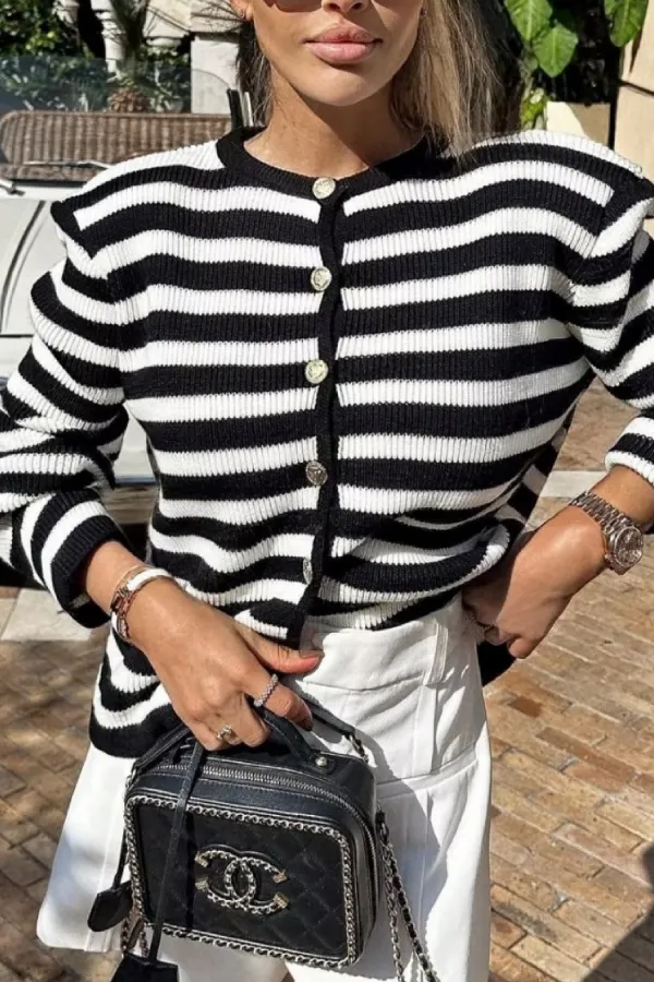 Fashion Casual Slim Fit Striped Cardigan Cropped Top