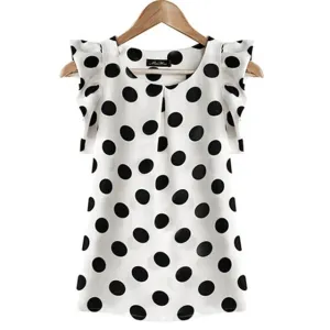Fashion  PolkaDot Blouse Women Casual Chiffon Shirt Sleeveless Ruffle