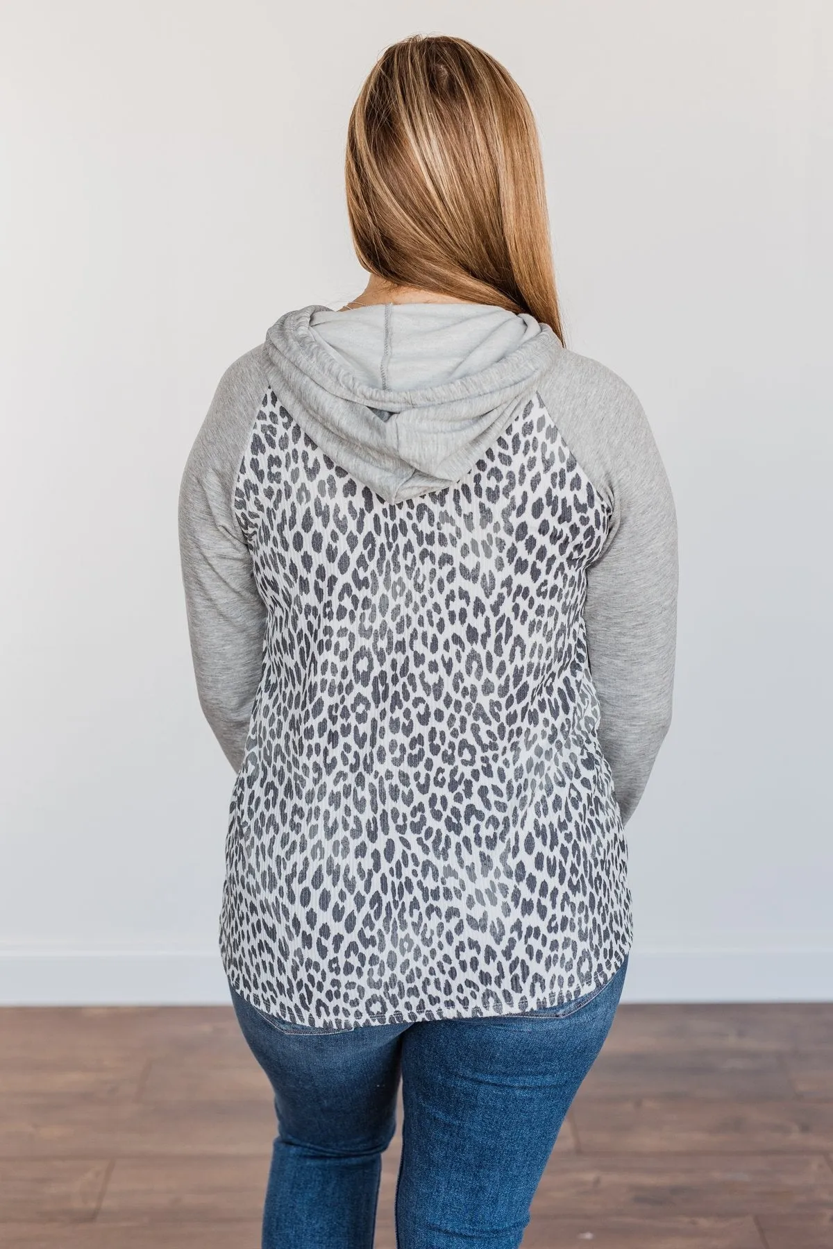 Fiercely Fabulous Leopard Drawstring Hoodie- Light Grey
