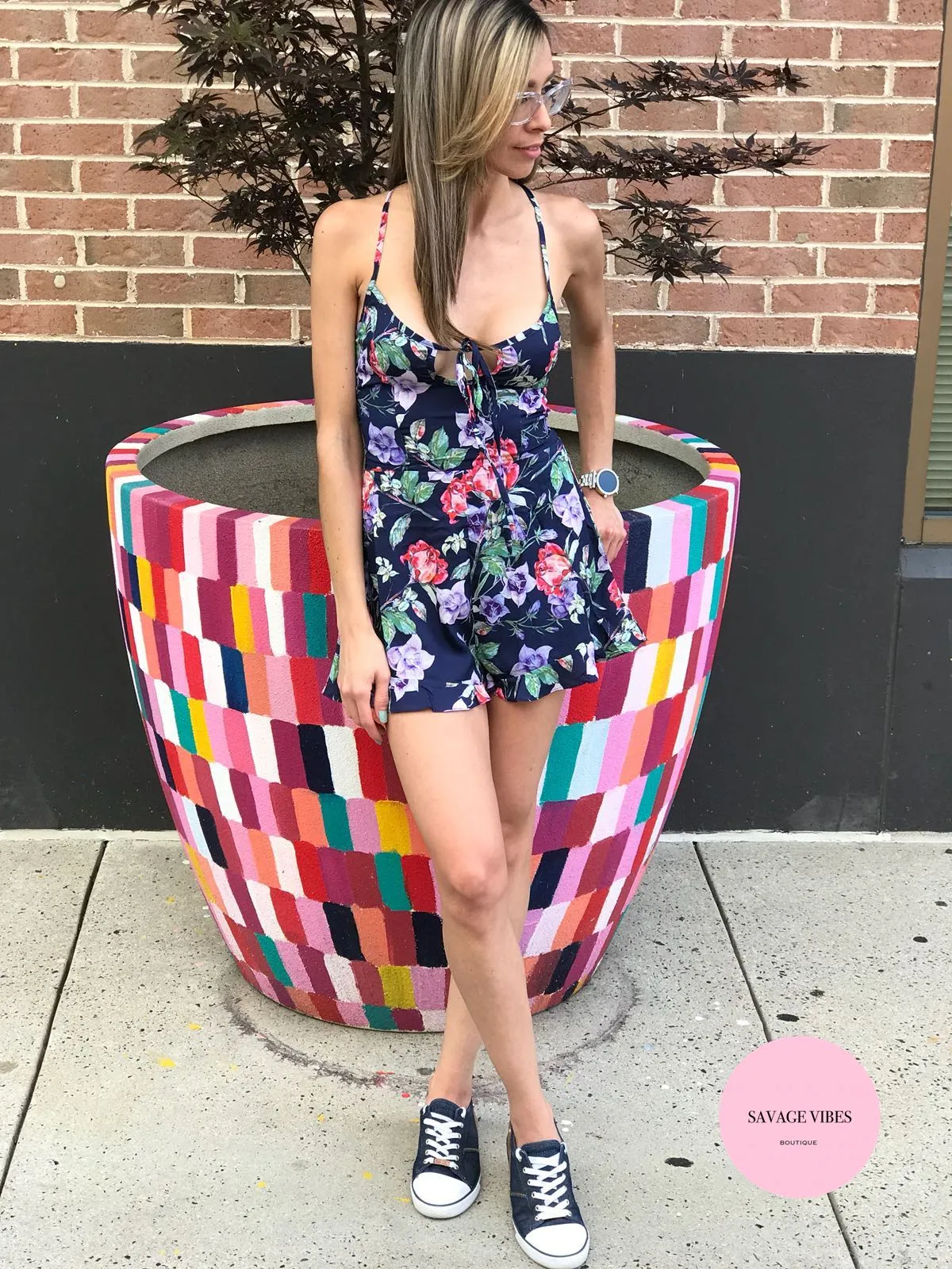 Flower Print Romper with Back Tie Detail